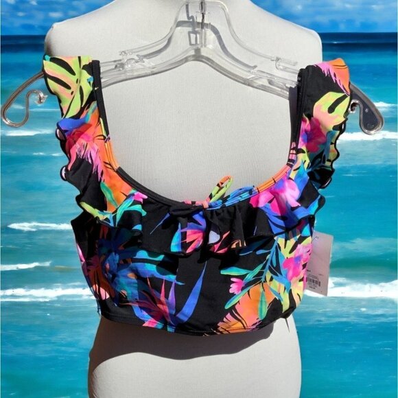 SO Mix & Match Floral Ruffle Midkini Top Girls Size Small Hyper Black NEW - Picture 2 of 5
